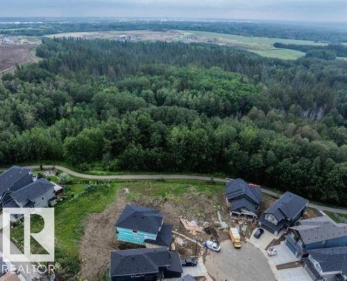 This property is situated amongst a vast expanse of lush, green trees and features a paved road with houses on either side - 1127 Gyrfalcon Crescent, Edmonton, AB - Outdoor With View
