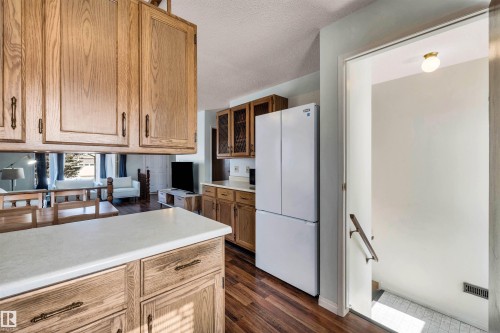 The kitchen features wood cabinetry, white countertops, and a white refrigerator - 18923 86A Avenue, Edmonton, AB - Indoor Photo Showing Kitchen