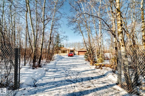 The property features a private driveway leading to a single-story home with an attached garage - 100 23016 Twp Rd 504, Rural Leduc County, AB - Outdoor With View