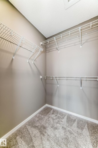 Walk-in closet featuring wire shelving, wall-mounted hanging rods, light gray wall paint, white baseboards, and gray carpet flooring - 20415 16 Avenue, Edmonton, AB 