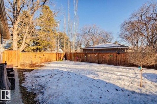 The property features a fenced yard with a small patio area and a visible gate - 11409 63 Street Nw, Edmonton, AB - Outdoor