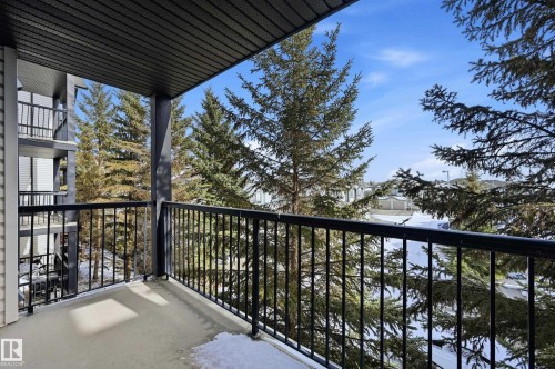 Private balcony with black railing, offering views of evergreen trees and a bright blue sky - 314 2430 Guardian Road, Edmonton, AB - Outdoor With Balcony With Exterior