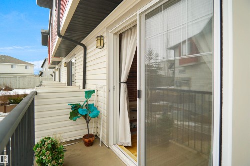 The property features a private balcony with a black metal railing and concrete flooring, accessible via a sliding glass door - 13 3751 12 Street, Edmonton, AB - Outdoor With Exterior