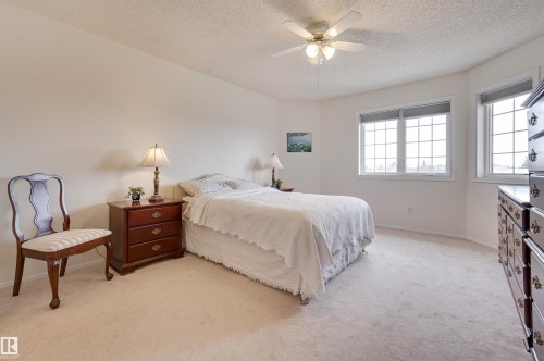 The property features light-colored carpeting, a ceiling fan with integrated lighting, and windows providing natural light - 304 17151 94A Avenue, Edmonton, AB - Indoor Photo Showing Bedroom