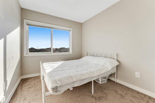 The room features carpeted flooring and a window providing natural light and views of rooftops and the sky - 1624 33A Street, Edmonton, AB - Indoor Photo Showing Bedroom