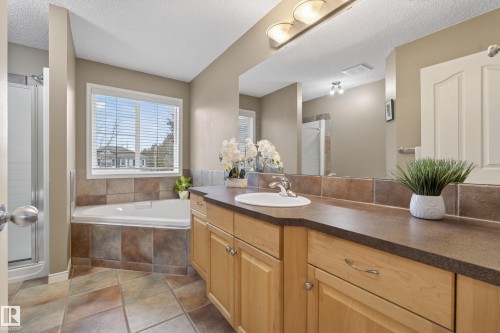 Bathroom featuring a corner soaking tub with tile surround, a spacious vanity with a single sink, and a glass-enclosed shower - 1119 Rutherford Close, Edmonton, AB - Indoor Photo Showing Bathroom