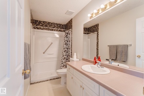 Bathroom featuring a shower with a grab bar, mosaic tile detailing, a vanity with an integrated sink, and a large mirror with overhead lighting - 5 308 Jackson Road, Edmonton, AB - Indoor Photo Showing Bathroom