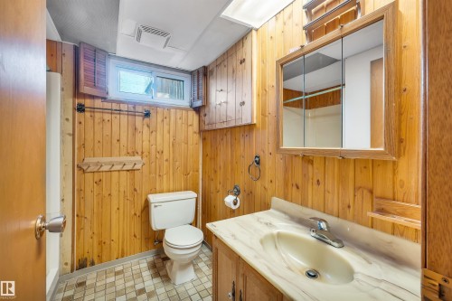 Bathroom with wood walls and vanity - 11231 41 Avenue, Edmonton, AB - Indoor Photo Showing Bathroom