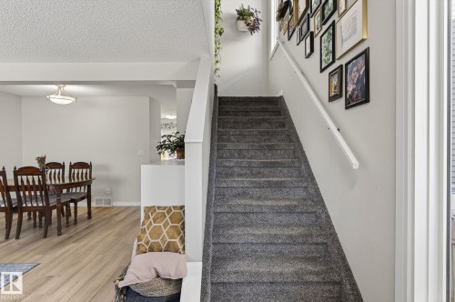 The property features a staircase with carpeted treads and a white handrail, alongside light-colored flooring - 1873 151 Avenue, Edmonton, AB - Indoor Photo Showing Other Room