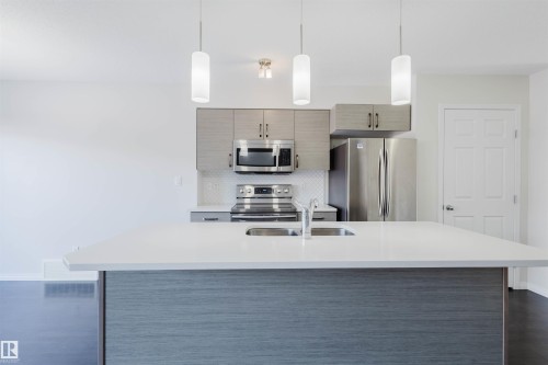 The kitchen features a spacious island with an integrated double sink, stainless steel appliances, and sleek cabinetry - 2082 Price Landing, Edmonton, AB - Indoor Photo Showing Kitchen With Stainless Steel Kitchen With Double Sink With Upgraded Kitchen