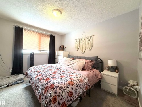 The room features a window with blinds and dark curtains, light-colored walls, and a ceiling light fixture - 3912 108 Street, Edmonton, AB - Indoor Photo Showing Bedroom