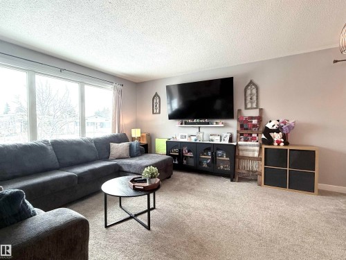 This spacious living area features large windows, light-colored walls, and carpeted floors - 3912 108 Street, Edmonton, AB - Indoor Photo Showing Living Room