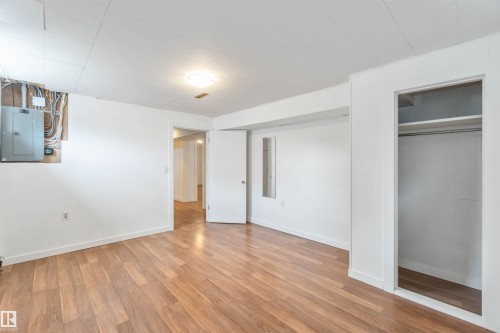 This room features wood-look flooring, white walls, and a built-in closet with a hanging rod and shelves - 12121 38 Street, Edmonton, AB - Indoor Photo Showing Other Room