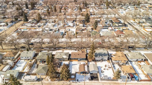 Aerial view showcasing a neighborhood with detached properties, each featuring a private yard - 12121 38 Street, Edmonton, AB - Outdoor With View
