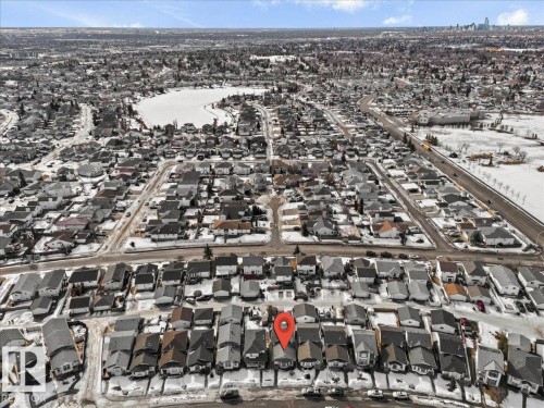 Aerial view of the property located within a residential neighborhood featuring detached homes - 5837 162A Avenue, Edmonton, AB - Outdoor With View