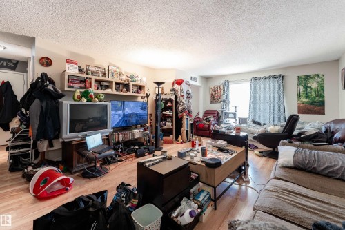 Living area featuring light wood flooring, a window with curtains, and a textured ceiling - 2 10737 116 Street, Edmonton, AB - Indoor Photo Showing Living Room