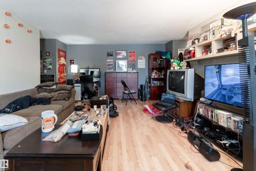 Living area featuring light wood flooring, a sofa, and wall-mounted shelving - 2 10737 116 Street, Edmonton, AB - Indoor