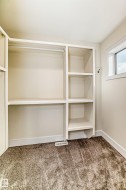 This space features built-in shelving, a clothes hanging rod, and carpeted flooring - 