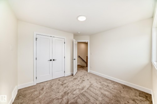 This room features neutral-toned carpeting, white walls, and a contemporary ceiling light fixture - 10718 149 Street Nw, Edmonton, AB - Indoor Photo Showing Other Room