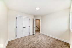 This room features neutral-toned carpeting, white walls, and a contemporary ceiling light fixture - 