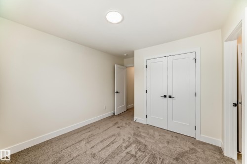 This room features neutral-toned carpeting, a built-in closet with double doors and black hardware, and a round overhead light fixture - 10718 149 Street Nw, Edmonton, AB - Indoor Photo Showing Other Room