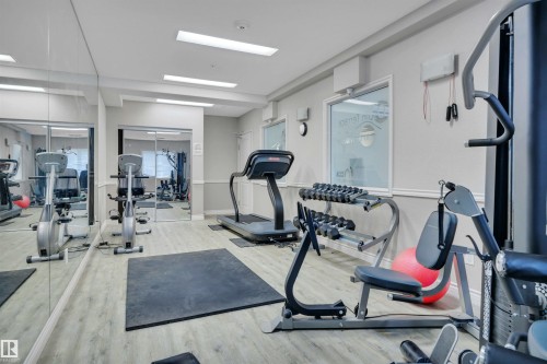 Fitness area with light-colored flooring, mirrored walls, and various exercise equipment including a treadmill and weights - 108 1204 156 Street, Edmonton, AB - Indoor Photo Showing Gym Room