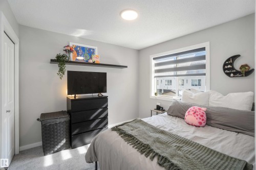 Bedroom featuring light gray walls, a window with horizontal blinds, and a white closet door - 29 Gambel Loop, Spruce Grove, AB - Indoor Photo Showing Bedroom