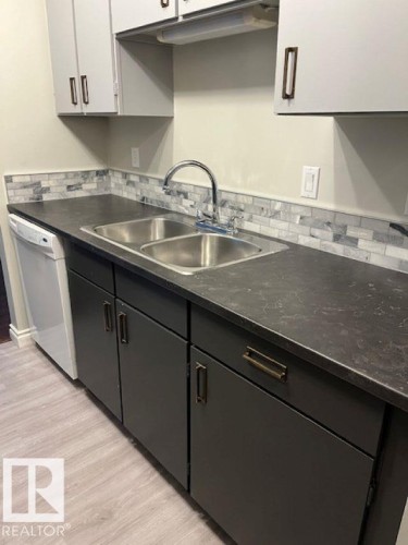 Kitchen with light grey upper cabinetry and dark grey lower cabinetry, a double basin stainless steel sink, and a light-colored wood-effect floor - 4 10836 116 Street, Edmonton, AB - Indoor Photo Showing Kitchen With Double Sink