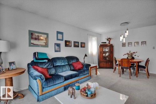 This living space features light-colored carpeting throughout and white walls, creating a bright atmosphere - 3523 18A Avenue, Edmonton, AB - Indoor Photo Showing Living Room