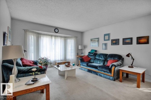 Living area featuring light-colored carpet flooring and a large bay window with privacy sheers - 3523 18A Avenue, Edmonton, AB - Indoor Photo Showing Living Room