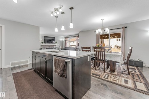 The property features a kitchen island with dark cabinetry and a white countertop, equipped with a stainless steel dishwasher and a sink with a chrome faucet - 2244 21 Avenue, Edmonton, AB - Indoor