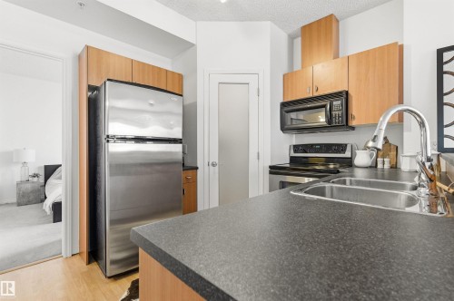 The kitchen features a double basin stainless steel sink with a high-arc faucet, dark speckled countertops, light wood cabinetry, and stainless steel appliances - 601 10504 99 Avenue, Edmonton, AB - Indoor Photo Showing Kitchen With Double Sink