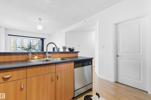 The kitchen features wood cabinetry, a double basin sink with a gooseneck faucet, and a stainless steel dishwasher - 601 10504 99 Avenue, Edmonton, AB - Indoor Photo Showing Kitchen With Double Sink