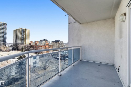 Balcony with a glass railing and a broad urban view - 601 10504 99 Avenue, Edmonton, AB - Outdoor With Balcony