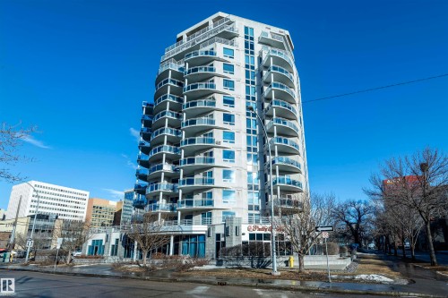 The property is a high-rise building featuring numerous balconies with glass railings - 601 10504 99 Avenue, Edmonton, AB - Outdoor With Facade