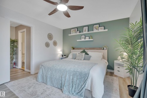 This bedroom features light wood-style flooring, a ceiling fan with integrated lighting, and a striking accent wall in a soothing green hue - 8807 31 Avenue, Edmonton, AB - Indoor Photo Showing Bedroom