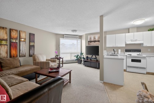 The property features an open living area with carpeting, a large window, and a kitchen with white cabinetry and appliances - 106 15499 Castle Downs Road, Edmonton, AB - Indoor
