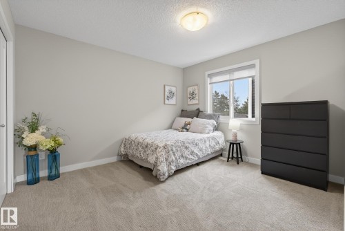 This room features neutral-toned walls, a window with a white frame, and wall-to-wall carpeting - 13 Bilodeau Crescent, Beaumont, AB - Indoor Photo Showing Bedroom
