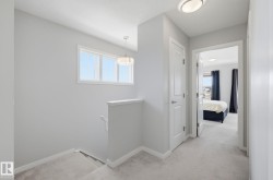 The property features a hallway with light gray walls, white trim, and light-colored carpeting - 