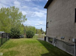 Expansive green lawn surrounded by mature trees, featuring a chain-link fence and a stucco exterior - 