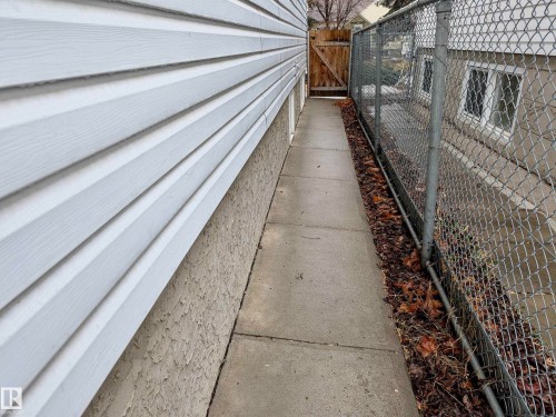 The property features a concrete walkway providing access to the side yard, enclosed by a chain link fence and a wooden gate - 10645 65 Avenue, Edmonton, AB - Outdoor