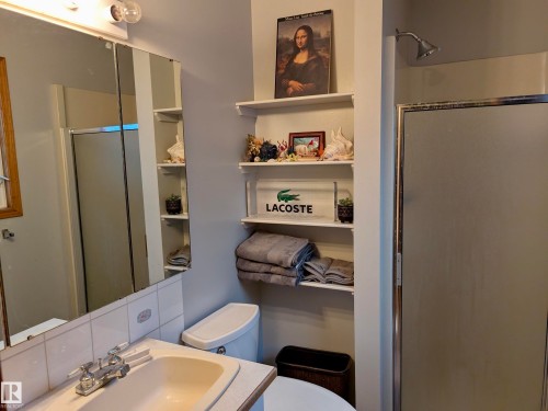 The bathroom features a vanity with a mirror above, a toilet, a shower with a sliding glass door, and built-in shelving - 10645 65 Avenue, Edmonton, AB - Indoor Photo Showing Bathroom