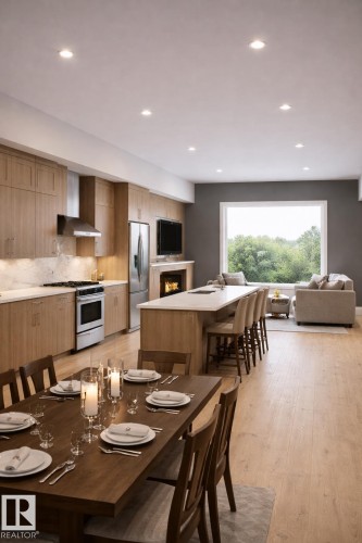 Open-concept living area featuring light wood flooring, a spacious kitchen with stainless steel appliances, a kitchen island with seating, and a large window overlooking trees - 532 Ashgrove Circle, Leduc, AB - Indoor