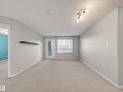 This living area features light-colored carpeting, neutral painted walls, and a track lighting fixture on the ceiling - 
