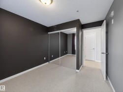This room features dark-painted walls, a carpeted floor, and a mirrored sliding closet door - 