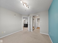 This room features neutral-toned carpet flooring, light grey walls, and a contrasting blue accent wall - 