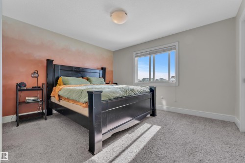 This room features a window providing natural light, a neutral-toned carpet, and a light fixture on the ceiling - 195 Kirpatrick Way, Leduc, AB - Indoor Photo Showing Bedroom