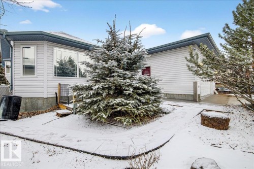 The property features white siding, a blue roof, and a large evergreen tree - 4412 Yeoman Close, Onoway, AB - Outdoor With Exterior
