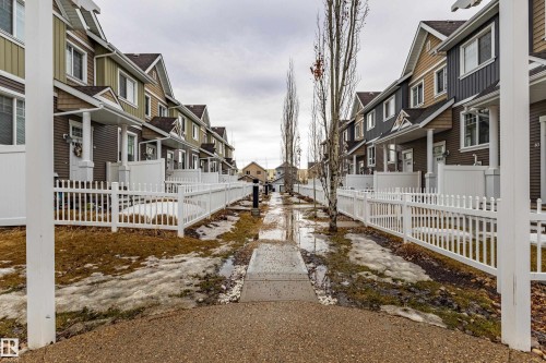The property is part of a row of residences featuring varied exterior siding colors and white picket fences - 87 4050 Savaryn Drive, Edmonton, AB - Outdoor With Deck Patio Veranda
