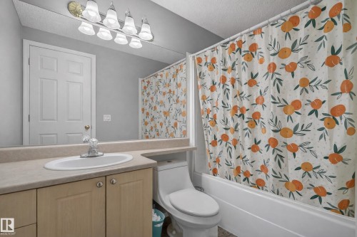 The bathroom features a vanity with a countertop and sink, a mirror, and a toilet - 8109 85 Street, Edmonton, AB - Indoor Photo Showing Bathroom